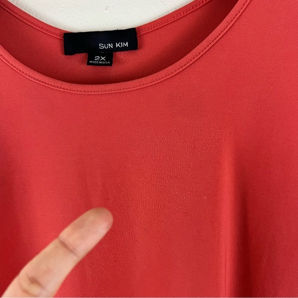 Sun Kim 2X Asymmetrical Pleated Corally Orange Sleeveless Stretchy Blouse Top - Picture 9 of 11